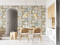 Stamp badges line up steadily olive wallpaper for bright dining room., GD9903