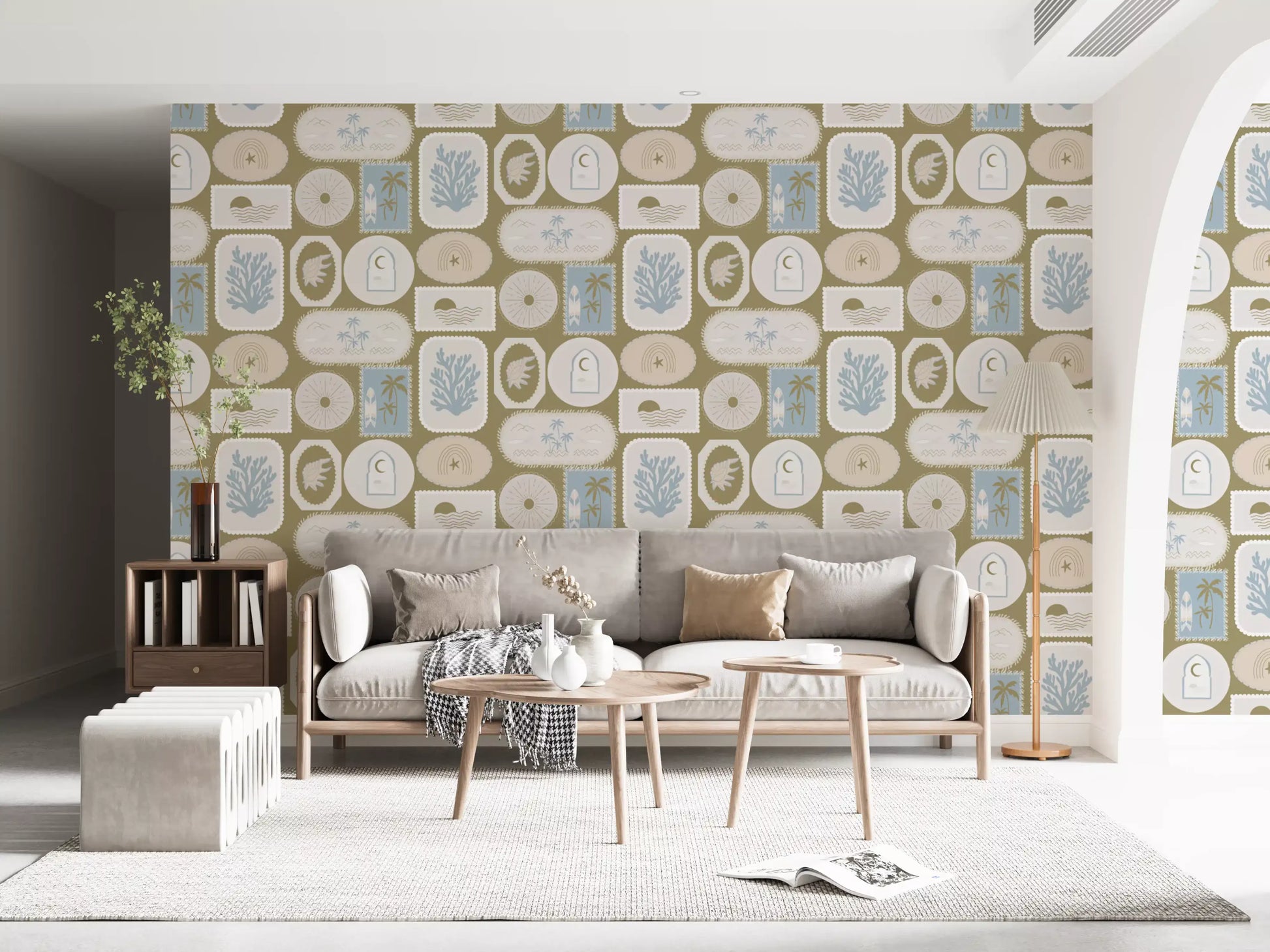 An earthy olive base balances cream badges in this coastal frames wallpaper., GD9903