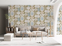 An earthy olive base balances cream badges in this coastal frames wallpaper., GD9903