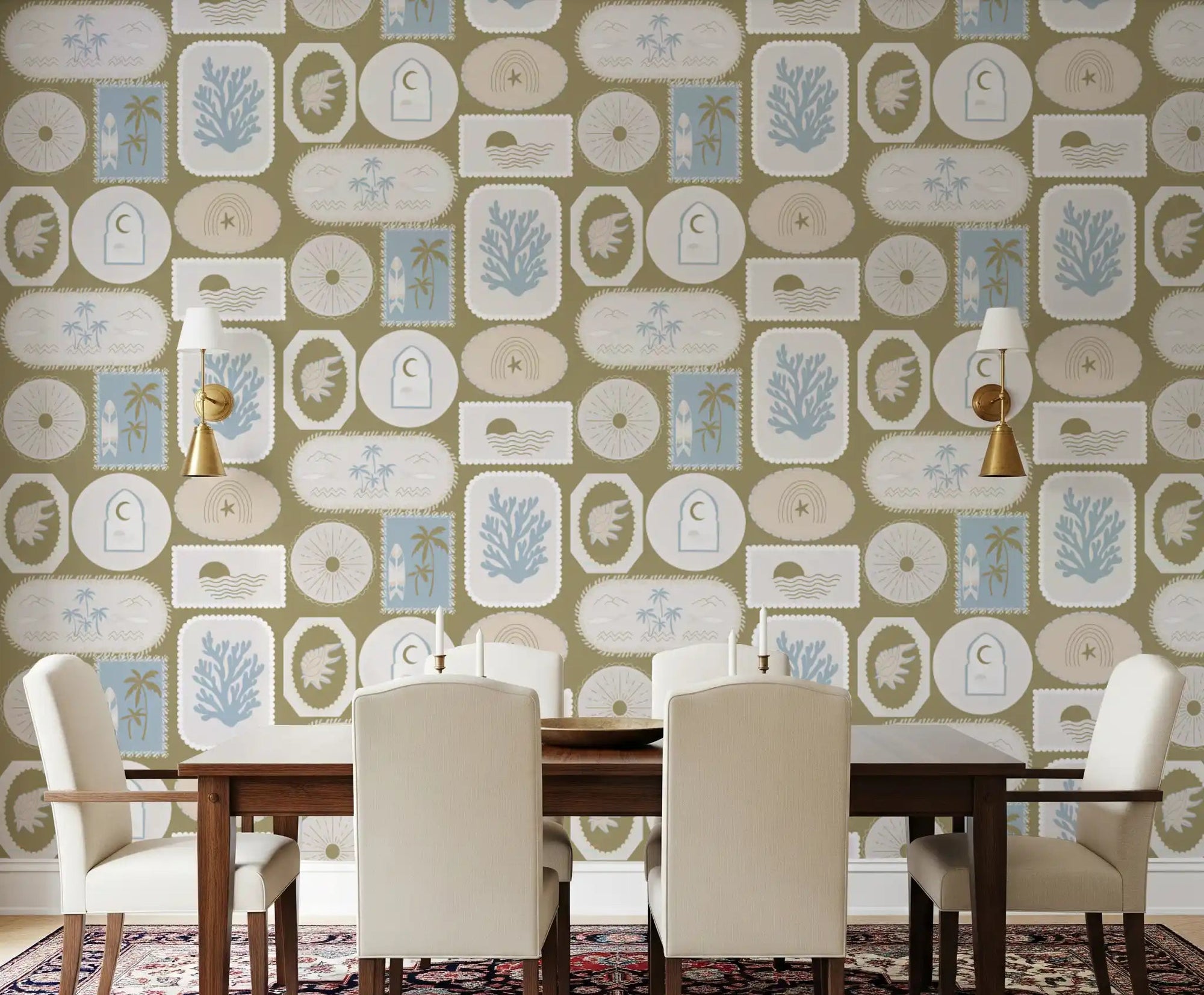 Olive green base steadies boho coastal frames wallpaper in a calm dining room., GD9903