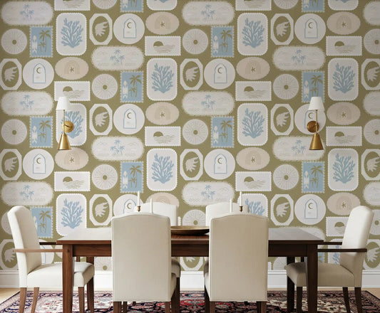 Olive green base steadies boho coastal frames wallpaper in a calm dining room.