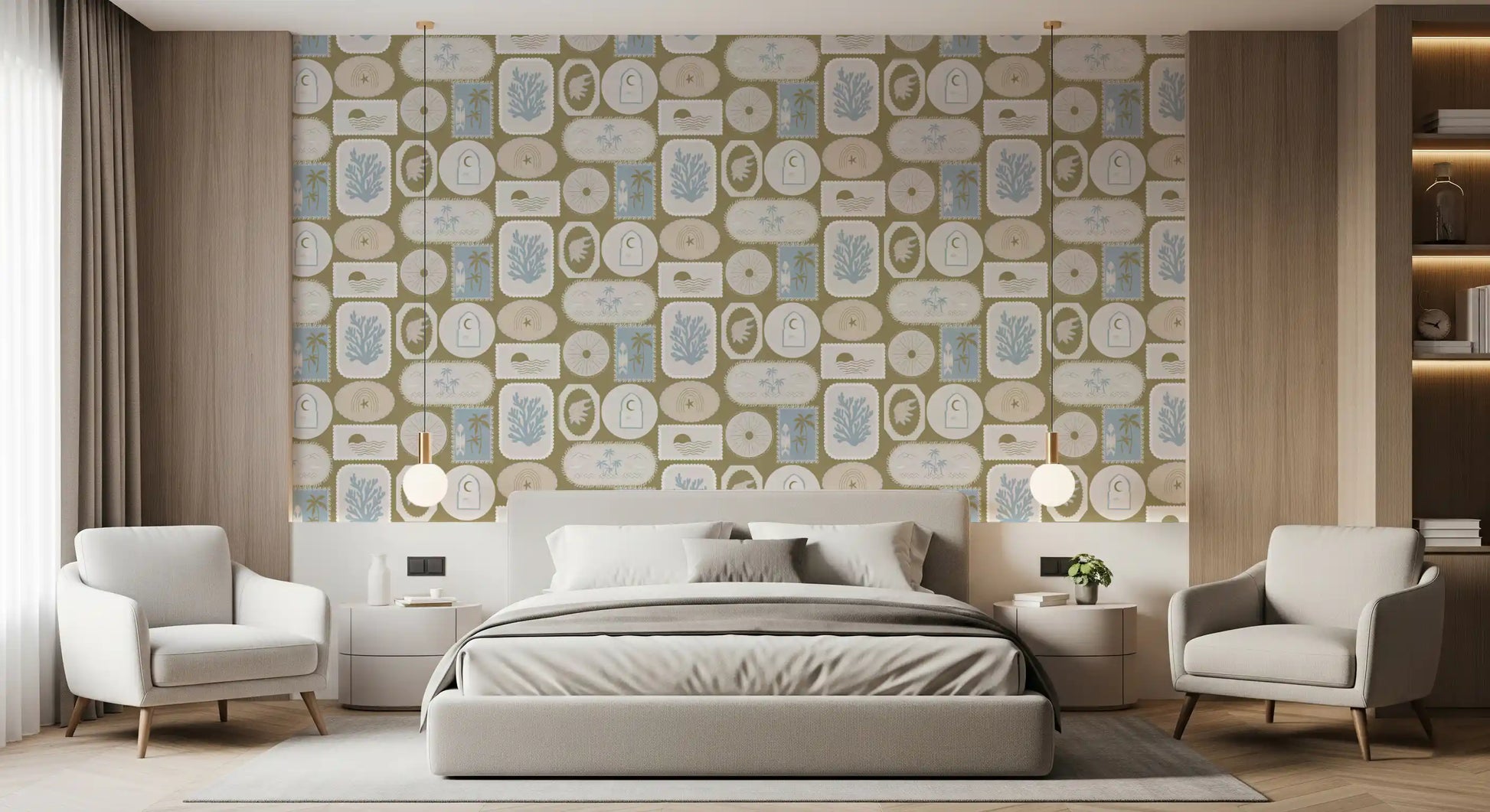 Quiet bedroom boho wallpaper layered in olive, cream, and dusty blue badges., GD9903