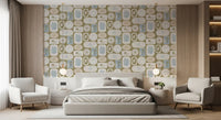 Quiet bedroom boho wallpaper layered in olive, cream, and dusty blue badges., GD9903