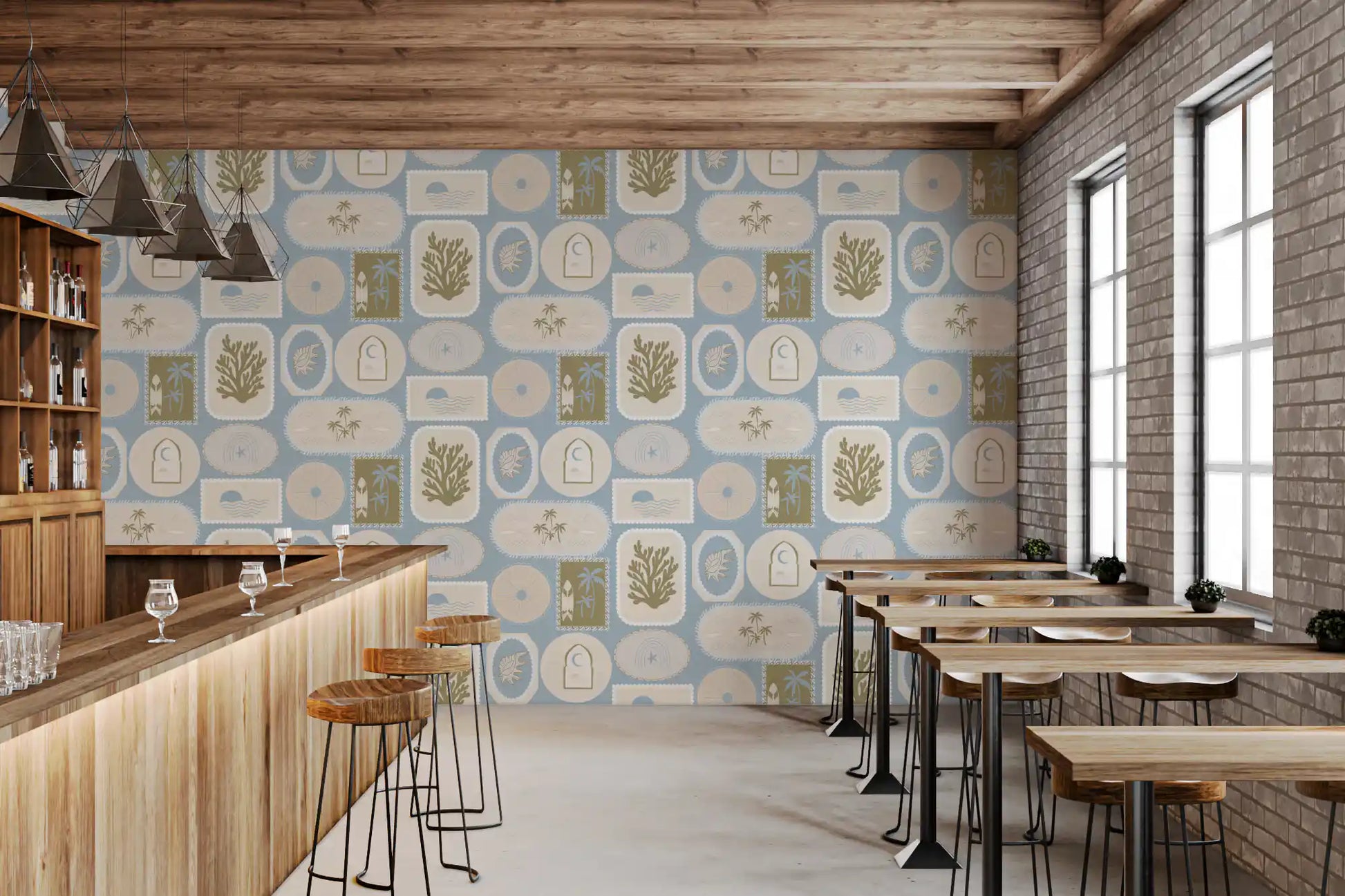 Stamp-style vignettes in boho wallpaper for modern bar interior., GD9904