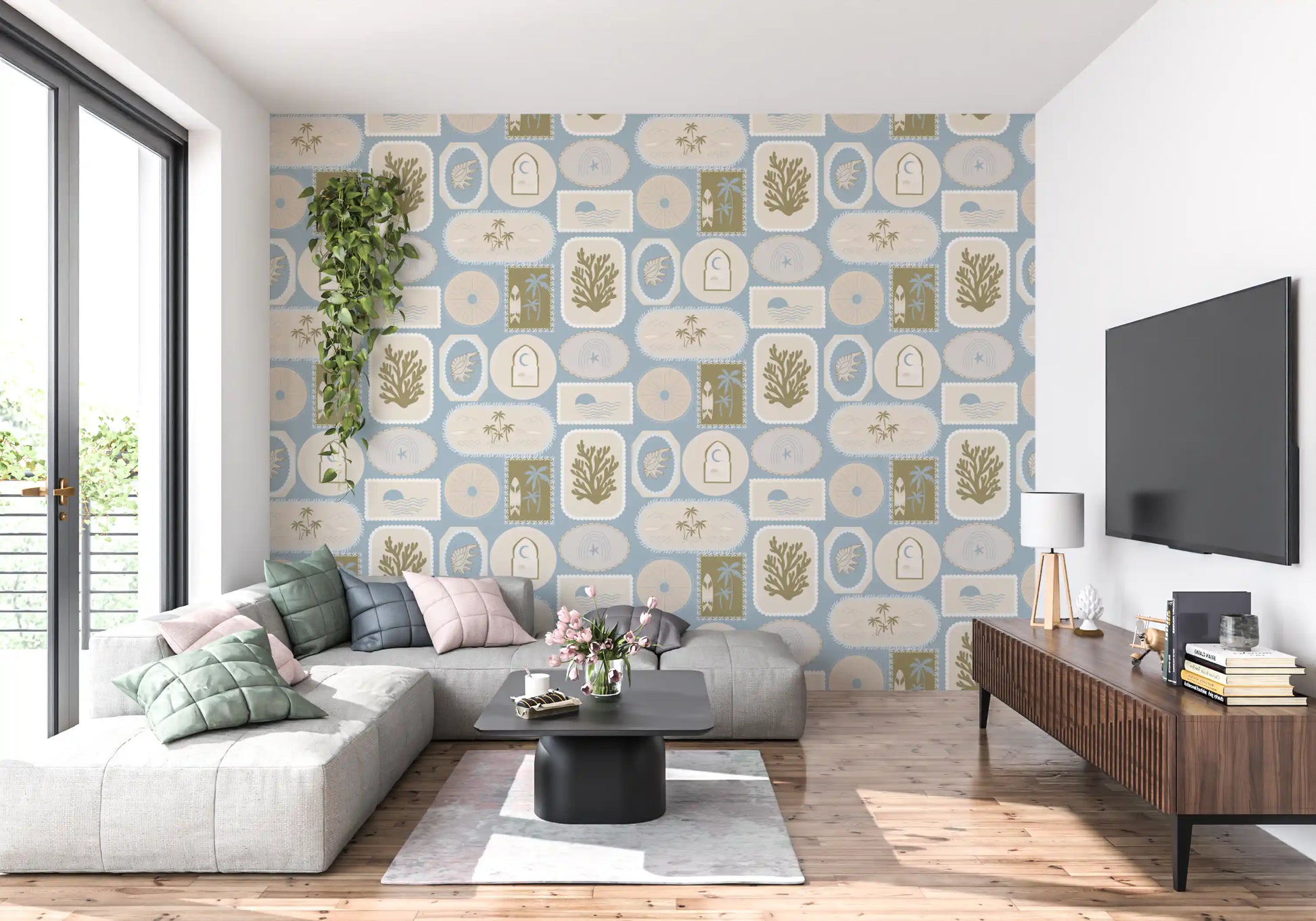 Boho coastal frames anchor a hallway wallpaper with quiet pacing., GD9904