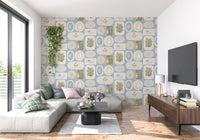 Boho coastal frames anchor a hallway wallpaper with quiet pacing., GD9904