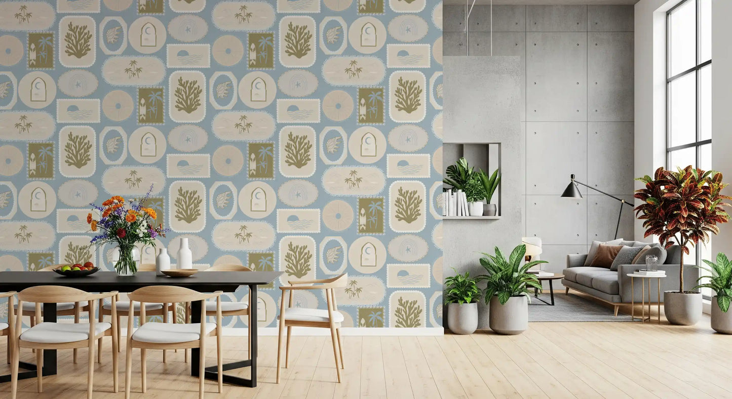 Conch shells, palms, and coral pace boho wallpaper for bright dining room., GD9904