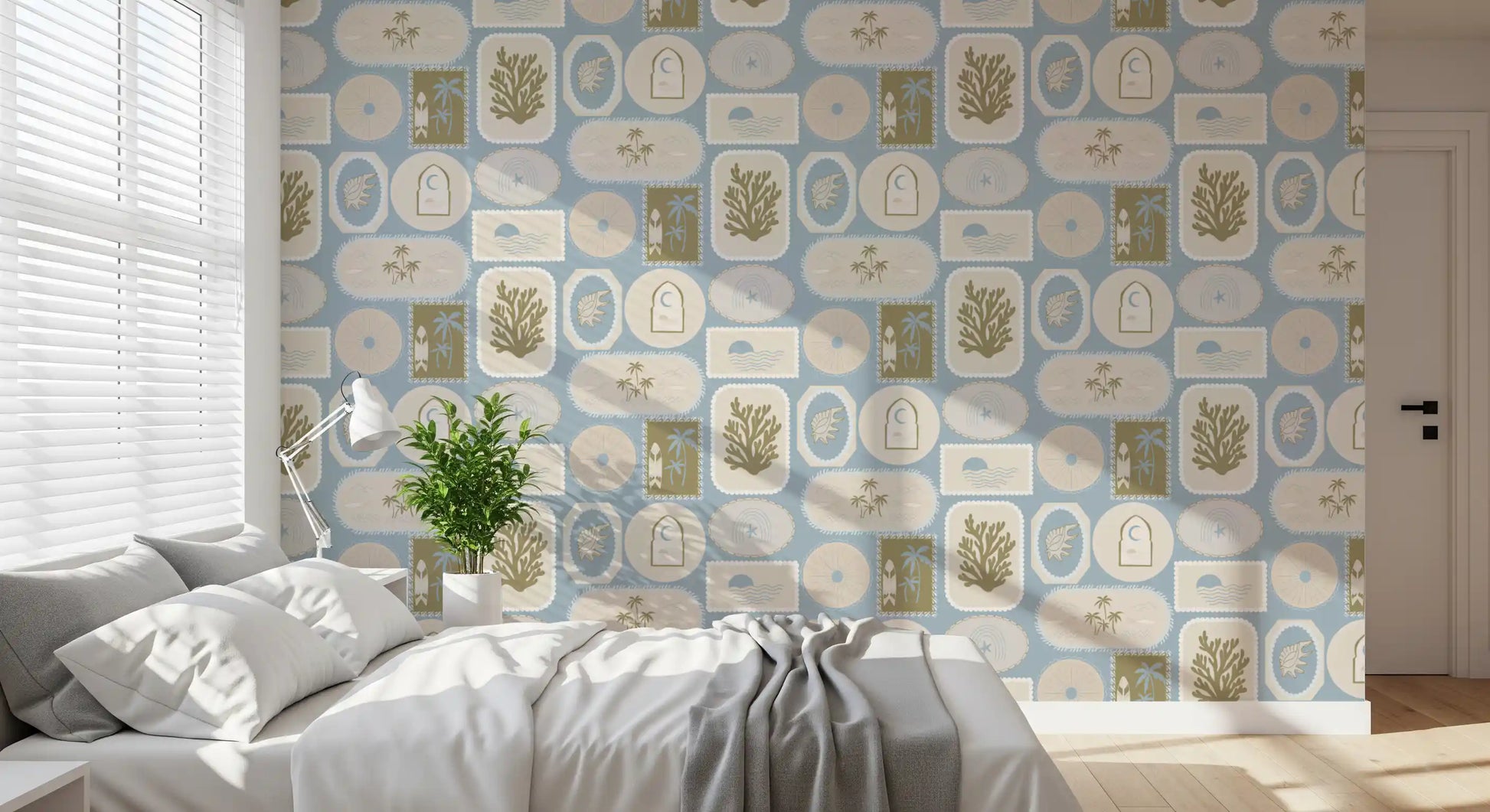Arched moonlit window motifs add calm to soft blue coastal wallpaper, GD9904