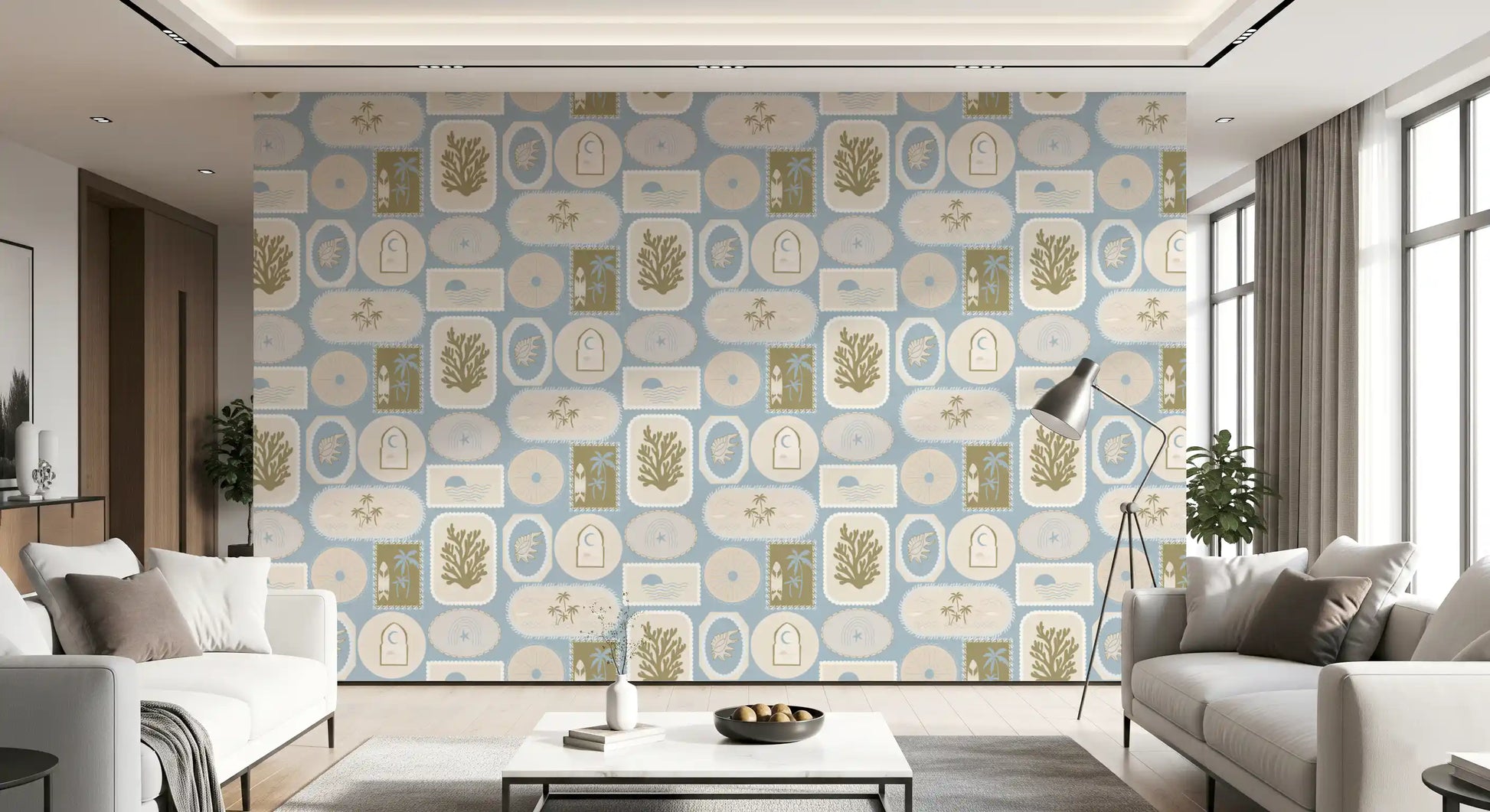 Soft blue field with boho coastal frames in cream, sand, and olive wallpaper., GD9904