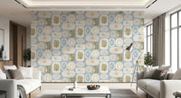Soft blue field with boho coastal frames in cream, sand, and olive wallpaper., GD9904