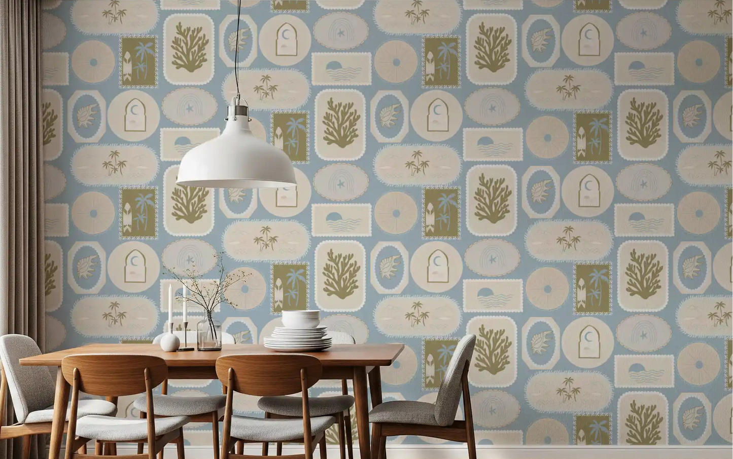 Sandy beige wallpaper with olive coastal motifs flow into a dining room., GD9904