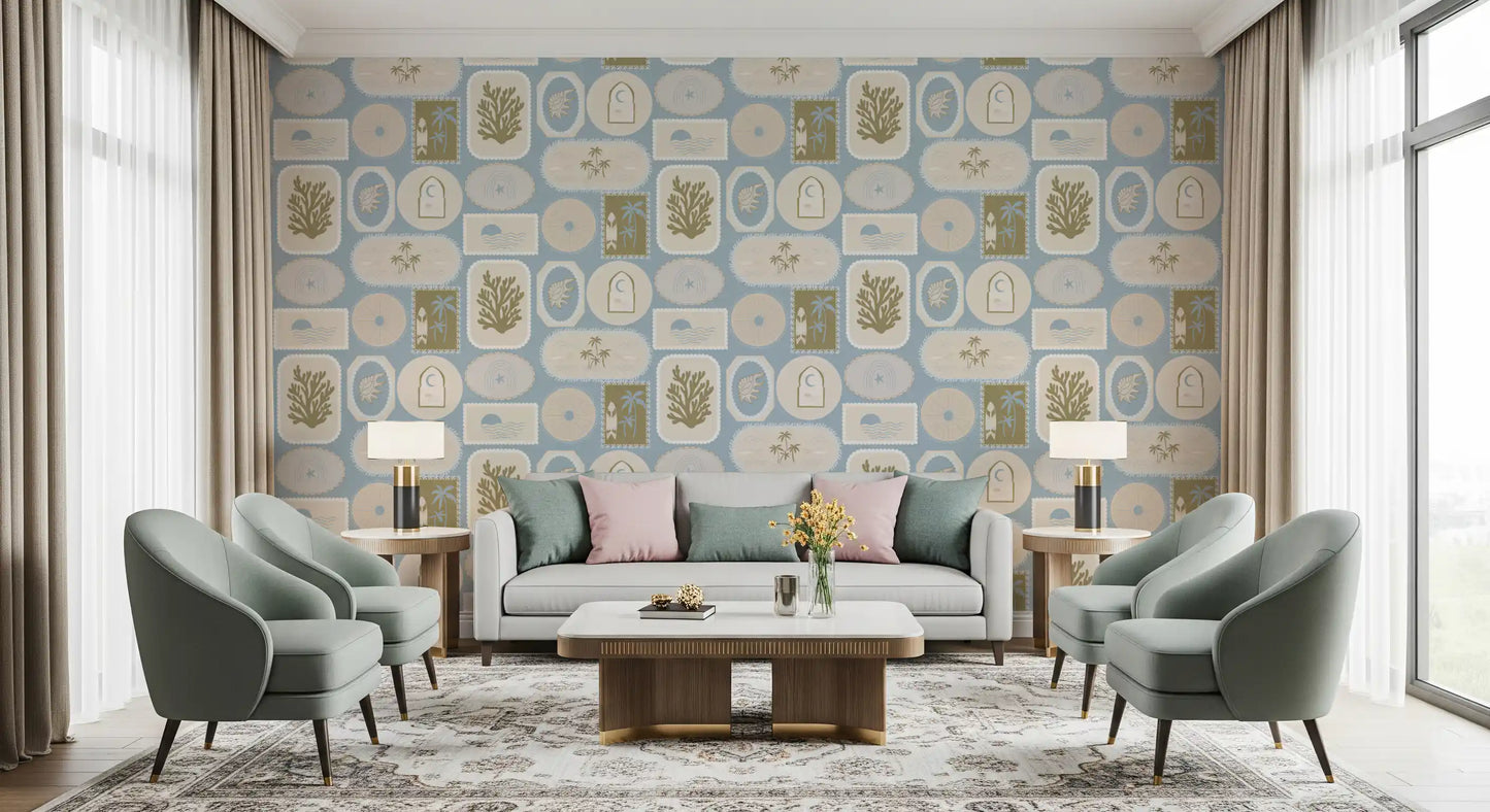 Soft blue and sand boho frames wallpaper line for a calm living room., GD9904