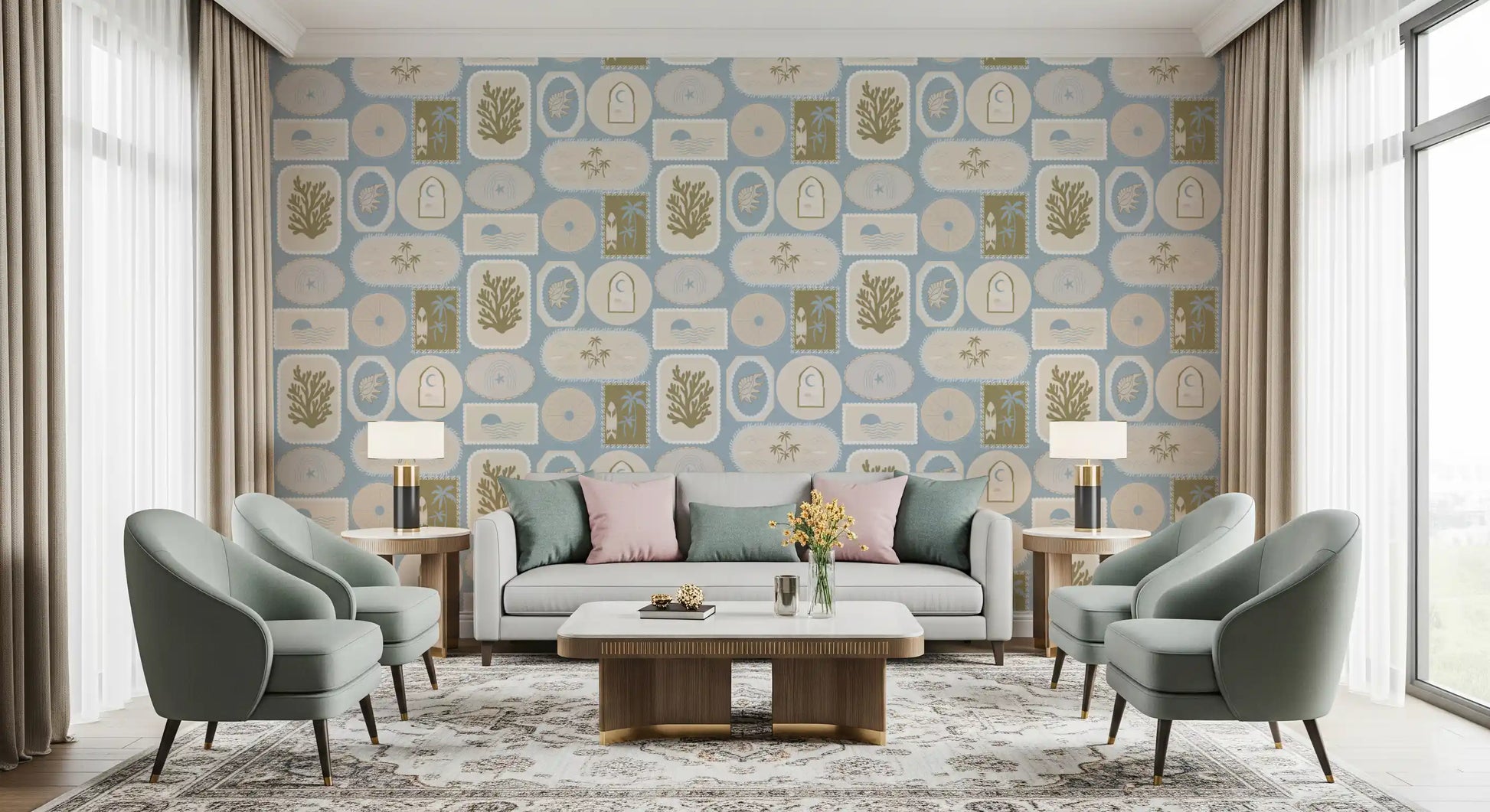 Soft blue and sand boho frames wallpaper line for a calm living room., GD9904