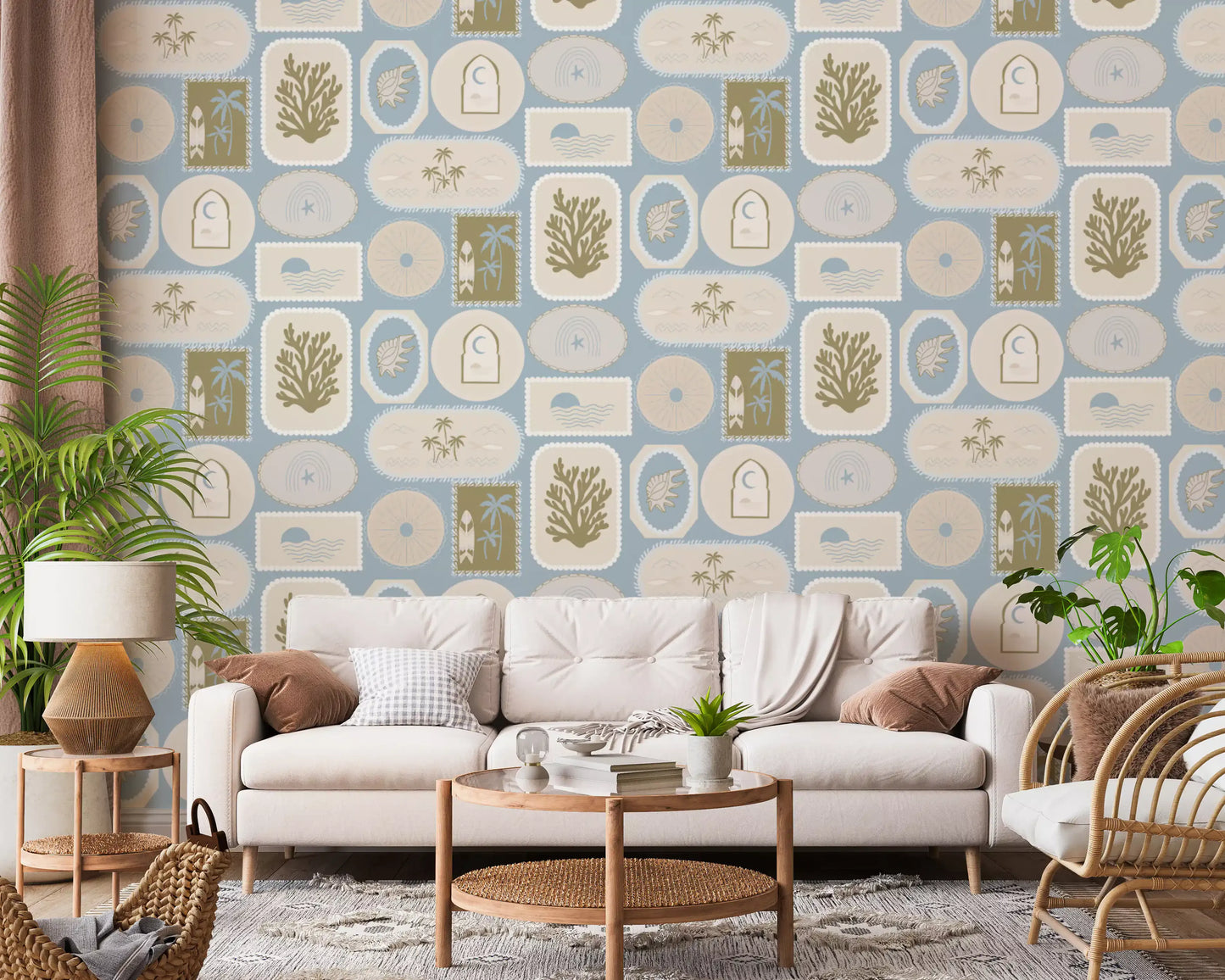 Pearl-rimmed badges layered for a tranquil living room wallpaper, GD9904