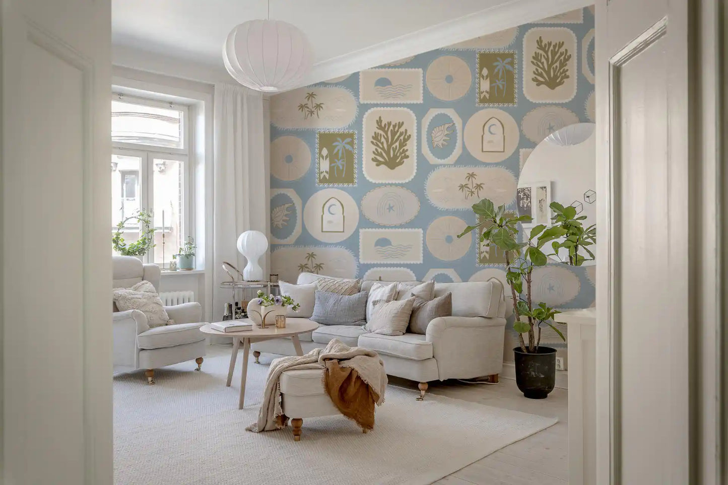 Palm trees, mountains, and shoreline waves tucked inside oval boho wallpaper., GD9904