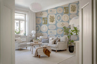 Palm trees, mountains, and shoreline waves tucked inside oval boho wallpaper., GD9904