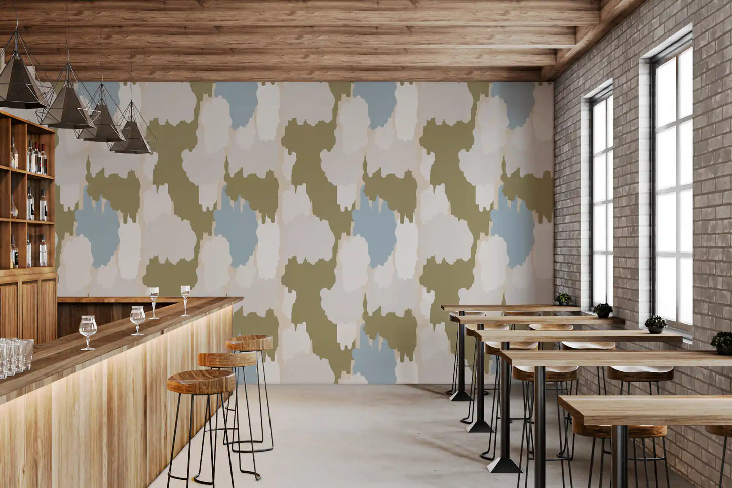 A bar reads warm and grounded behind this olive green coastal wallpaper., GD9905