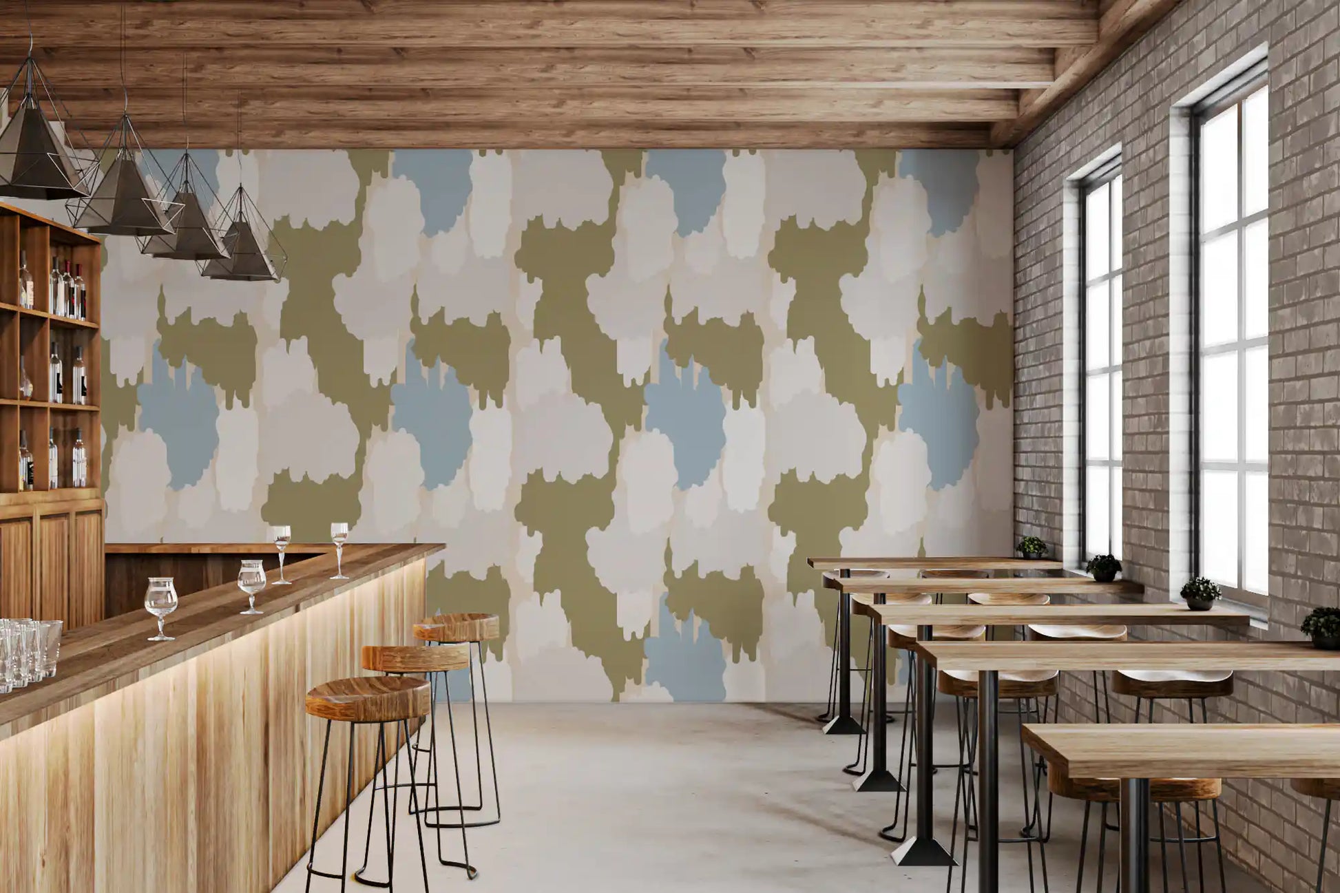A bar reads warm and grounded behind this olive green coastal wallpaper., GD9905