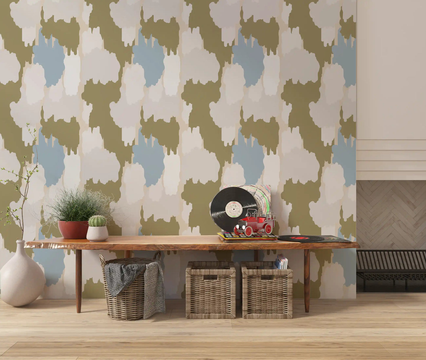 Sage and stone clouds carry the olive boho wallpaper for hallway., GD9905