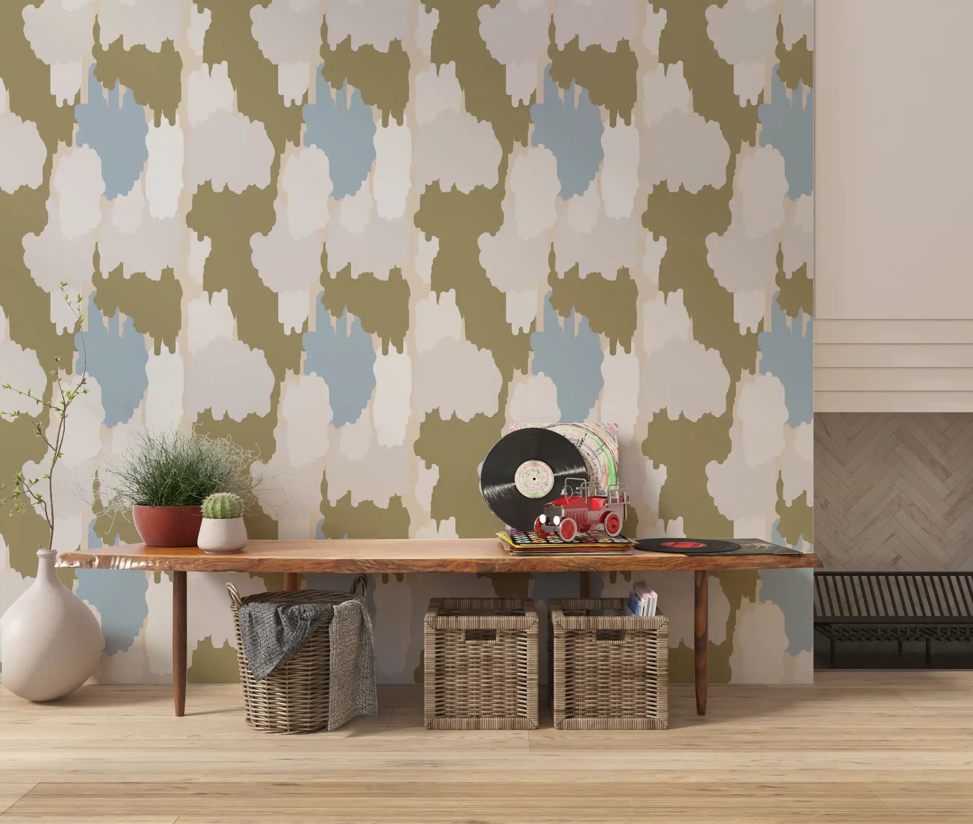 Sage and stone clouds carry the olive boho wallpaper for hallway., GD9905