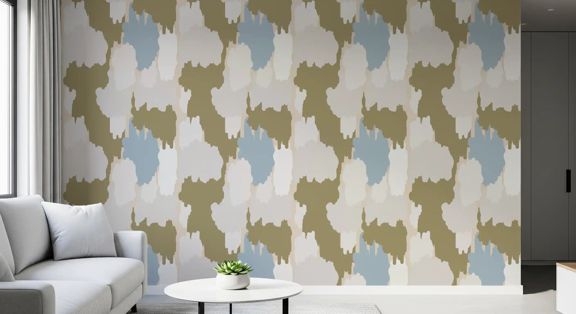 Warm sage, dusty cream, and olive build the boho coastal wallpaper palette., GD9905