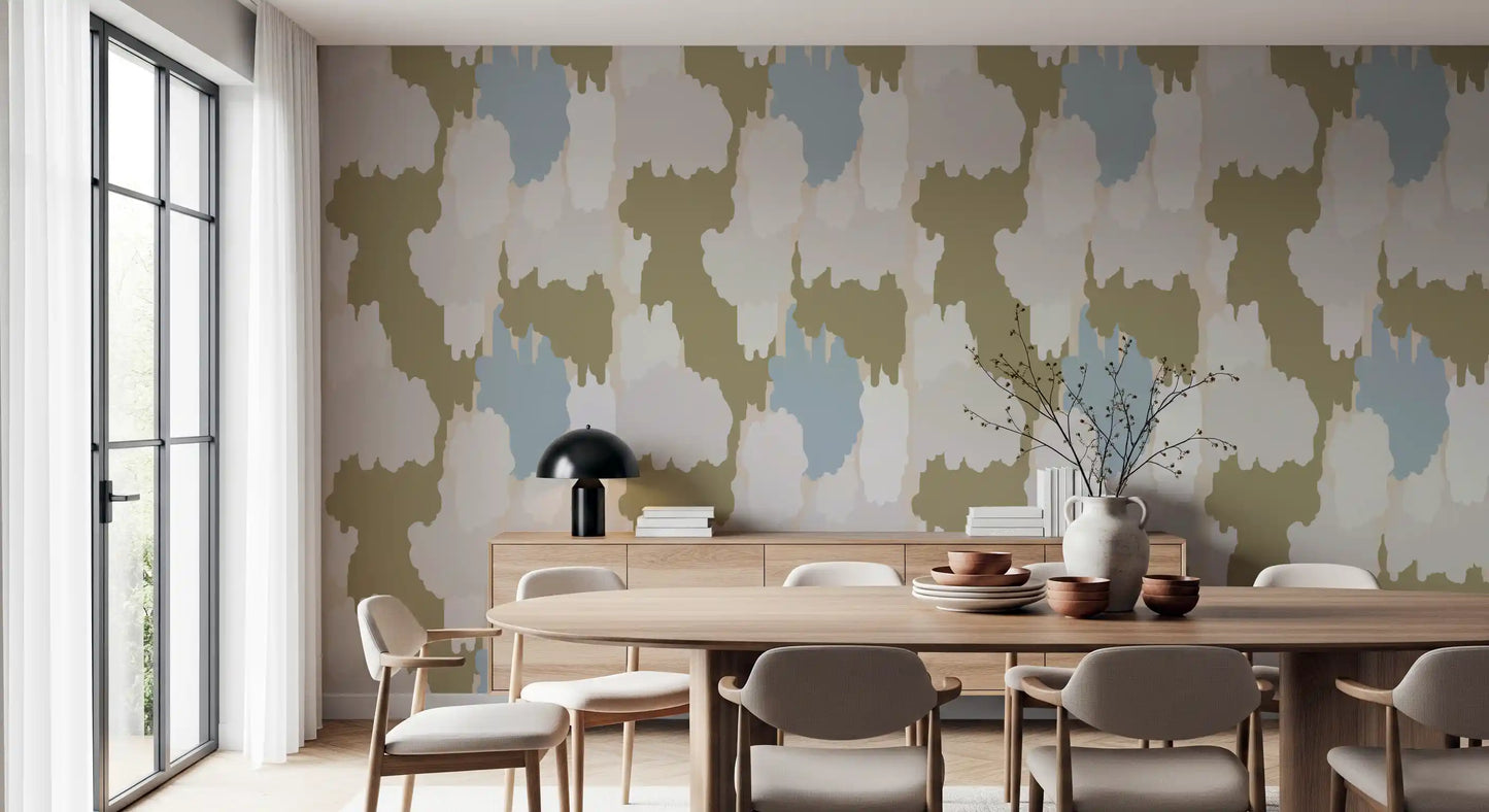 Earthy tones meet a dining in this olive and sage boho coastal wallpaper., GD9905
