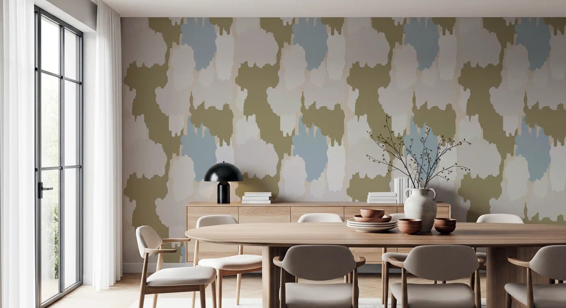 Earthy tones meet a dining in this olive and sage boho coastal wallpaper., GD9905
