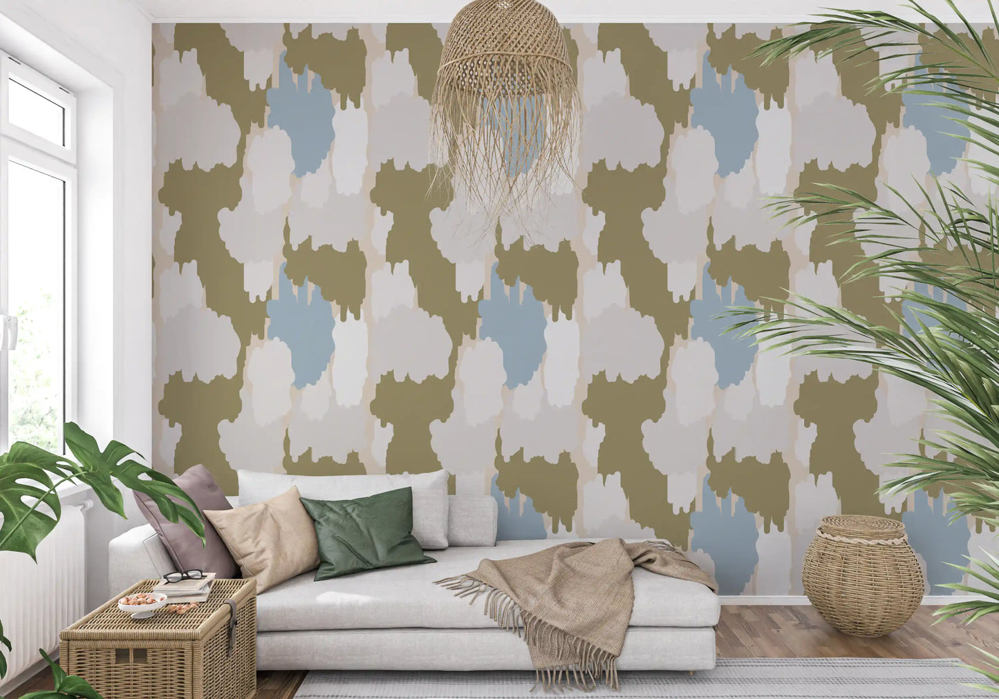 Olive cloud forms anchor a calm hallway wall with boho coastal wallpaper, GD9905