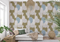 Olive cloud forms anchor a calm hallway wall with boho coastal wallpaper, GD9905