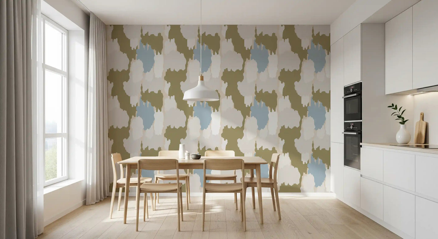 One soft blue cloud breaks through the olive coastal wallpaper field., GD9905