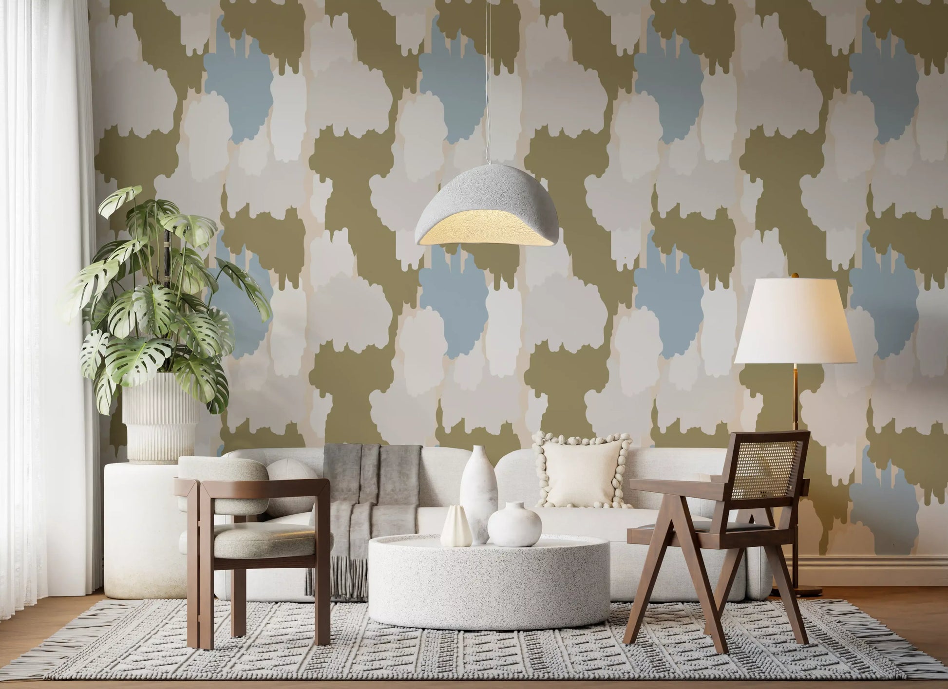 Olive green dominates this boho coastal wallpaper, with sage and cream layers., GD9905
