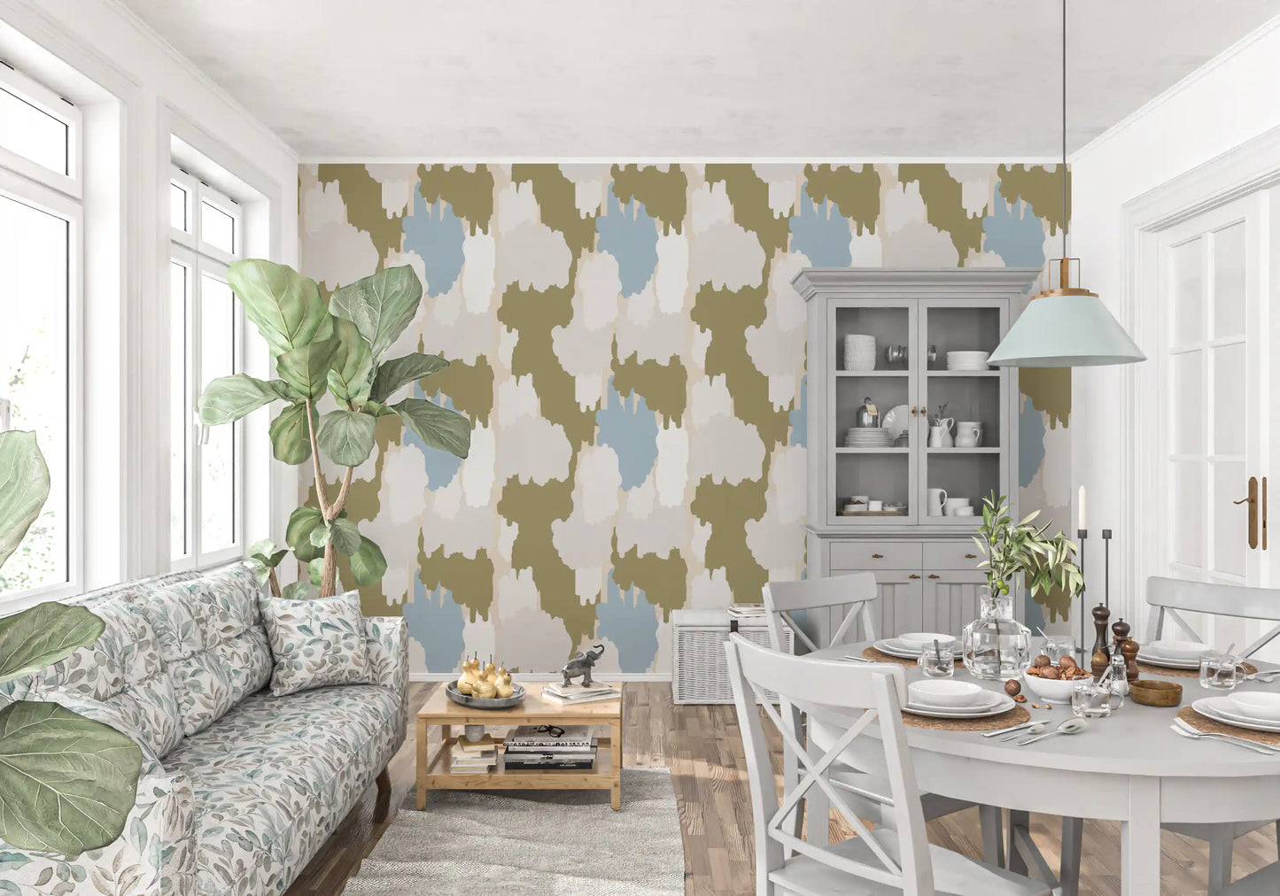Cloud-shape olive coastal wallpaper turns a dining room calm and grounded., GD9905