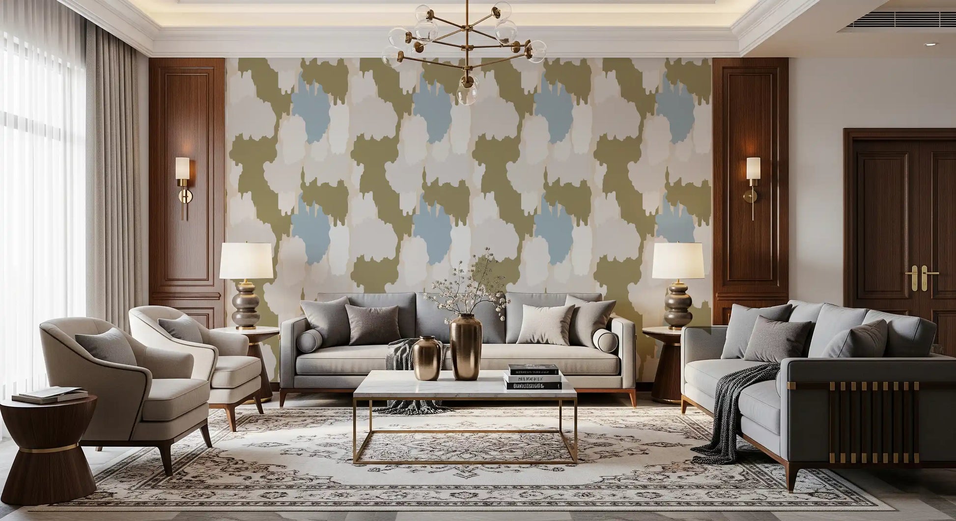 Soft, fuzzy edges shape every cloud in this olive boho coastal wallpaper., GD9905