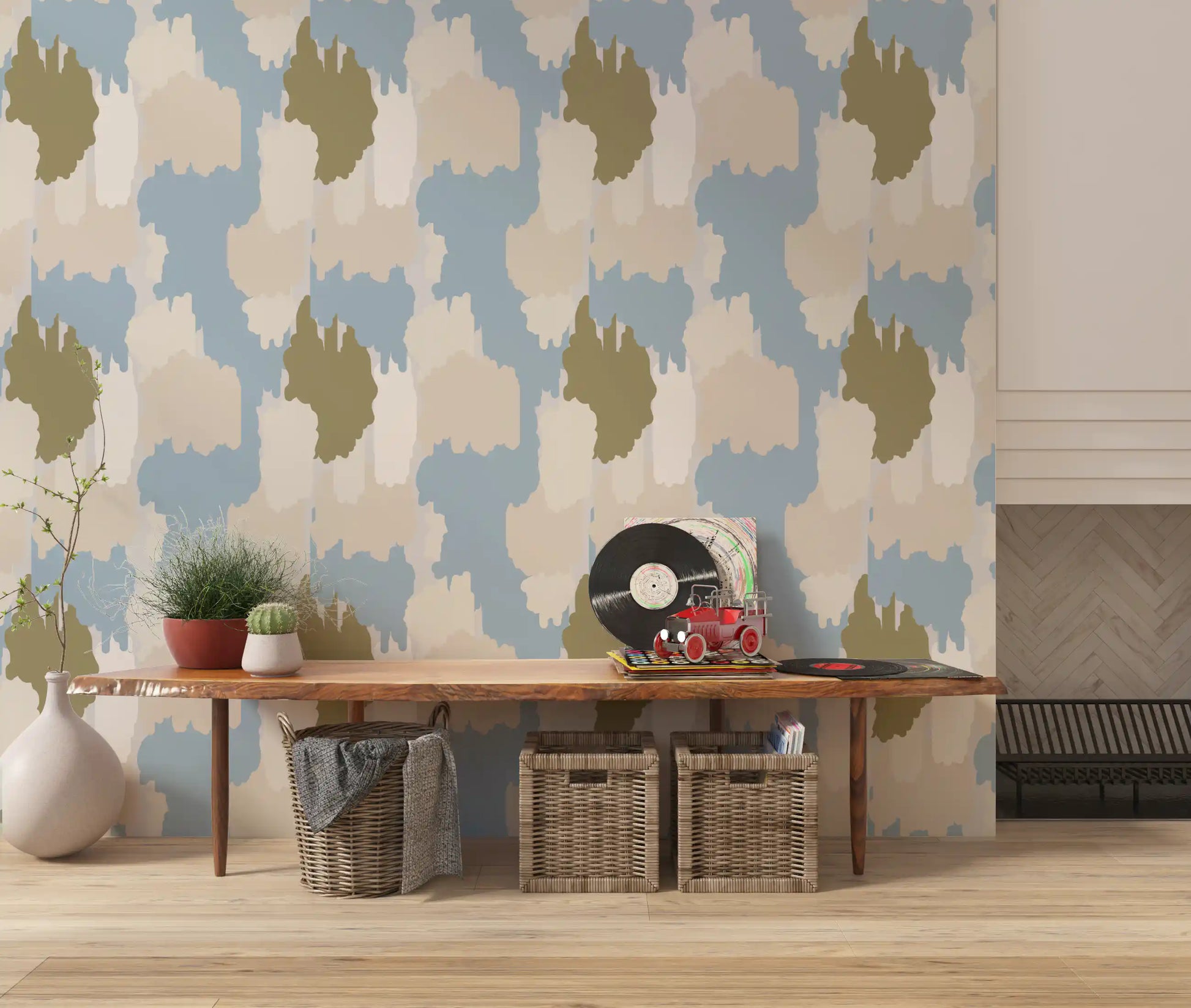 Blue and olive cloud silhouettes in this boho coastal wallpaper for hallway.