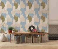 Blue and olive cloud silhouettes in this boho coastal wallpaper for hallway.