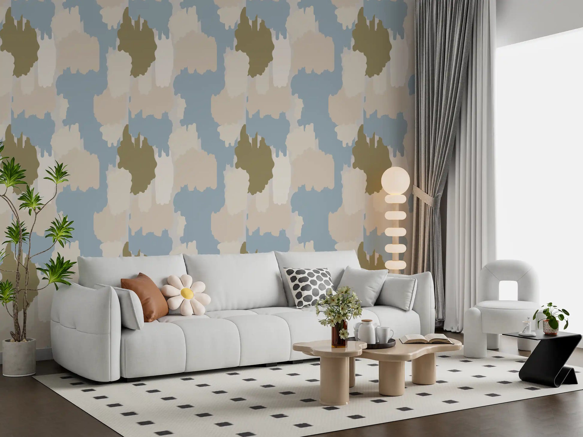 An olive shape anchors this abstract coastal wallpaper among paler cloud washes.