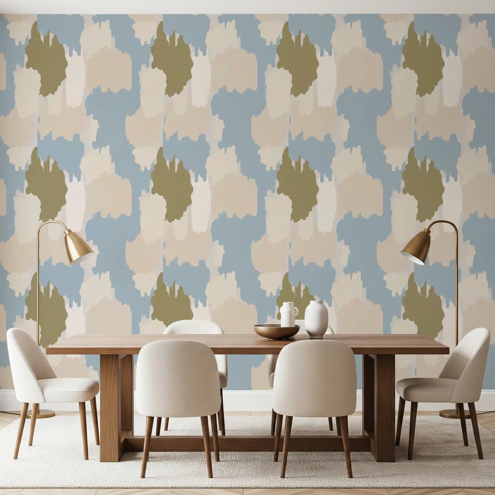 Soft blue boho wallpaper sets a calm dining room with overlapping clouds.
