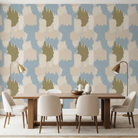 Soft blue boho wallpaper sets a calm dining room with overlapping clouds.
