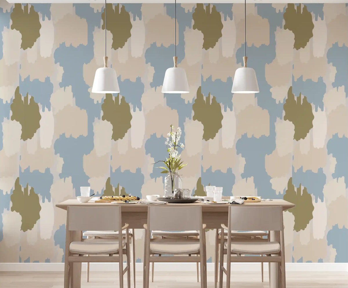 A dining room reads softer behind painterly blue and sage coastal wallpaper, GD9906