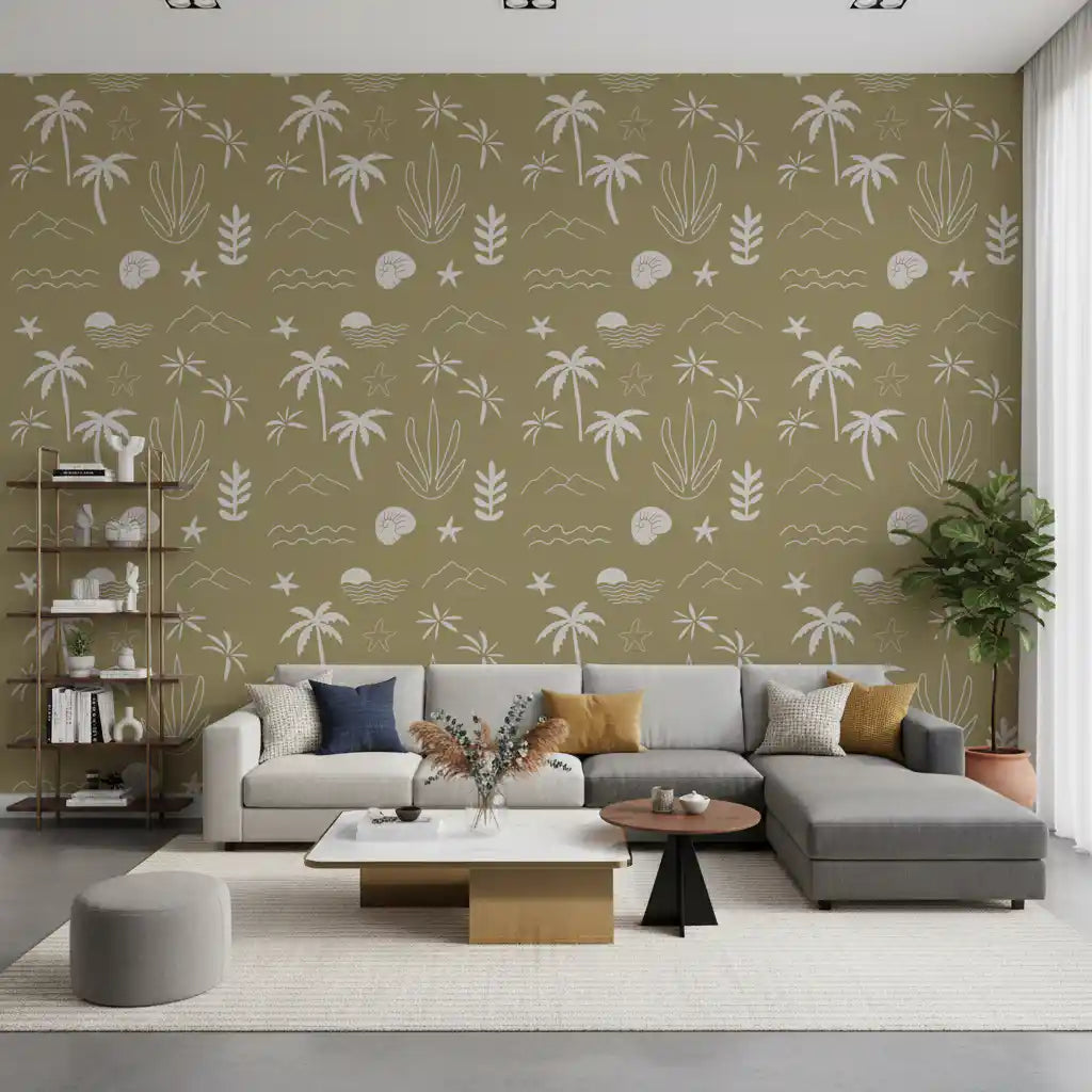 Olive green tropical icon wallpaper grounds a lounge in warm coastal mood., GD9907