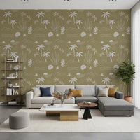 Olive green tropical icon wallpaper grounds a lounge in warm coastal mood., GD9907