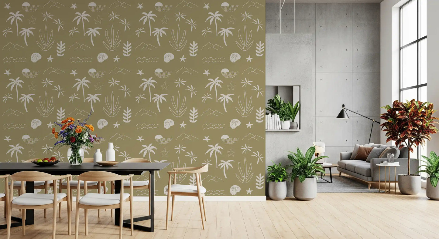 Olive boho coastal wallpaper softens the rhythm of a dining room with sketchy icons., GD9907