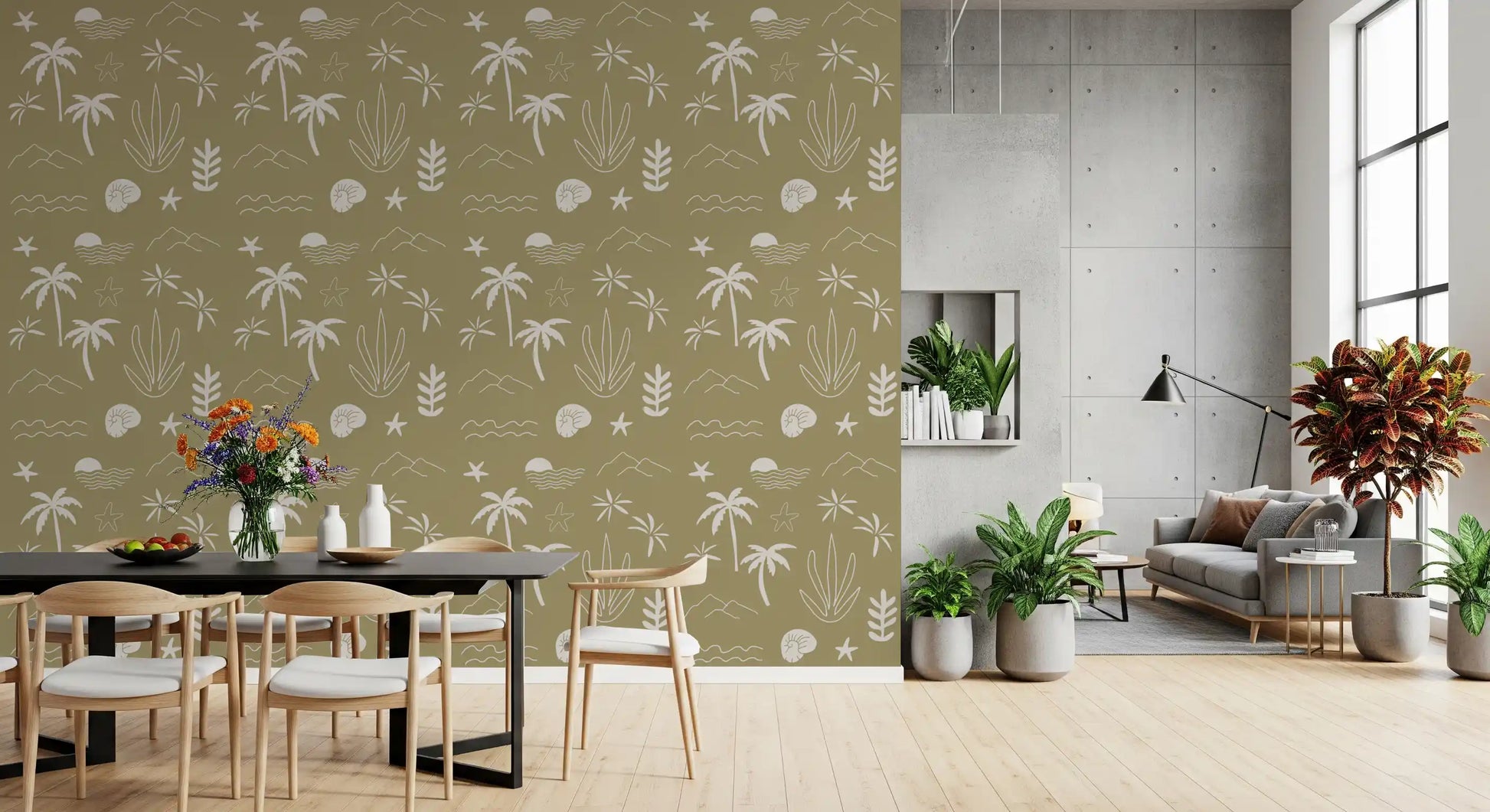 Olive boho coastal wallpaper softens the rhythm of a dining room with sketchy icons., GD9907