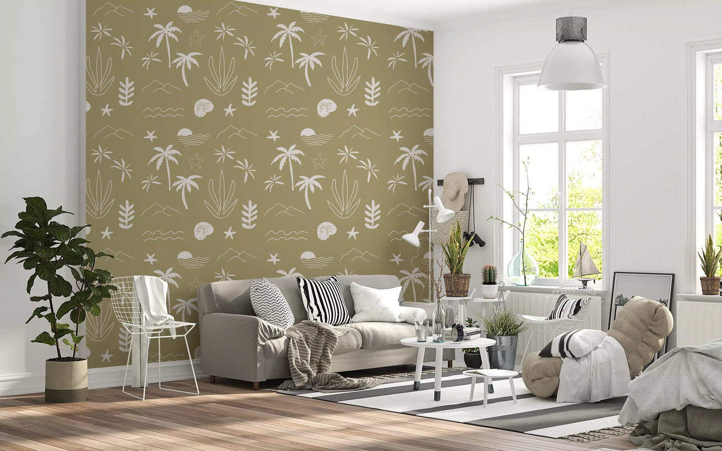 Loose, hand-drawn icons keep the olive green boho coastal wallpaper., GD9907