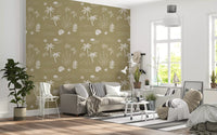 Loose, hand-drawn icons keep the olive green boho coastal wallpaper., GD9907