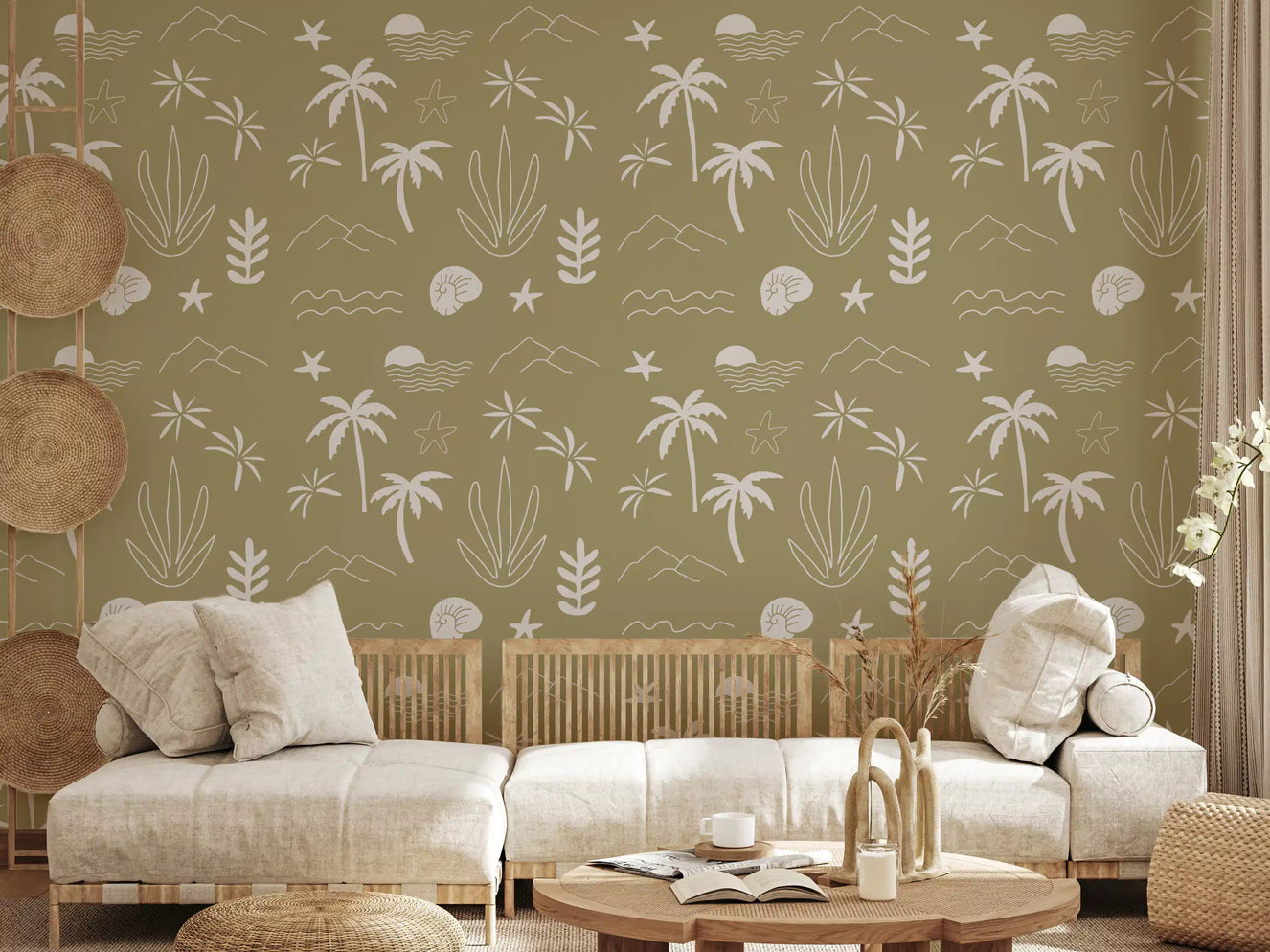 Cream palms and shells settle into a living wall with olive boho coastal wallpaper.
