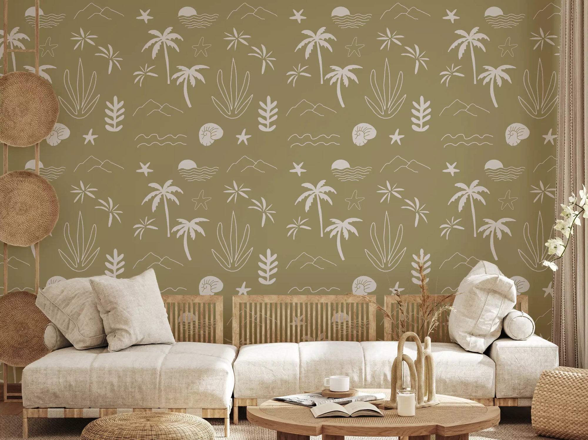 Cream palms and shells settle into a living wall with olive boho coastal wallpaper., GD9907