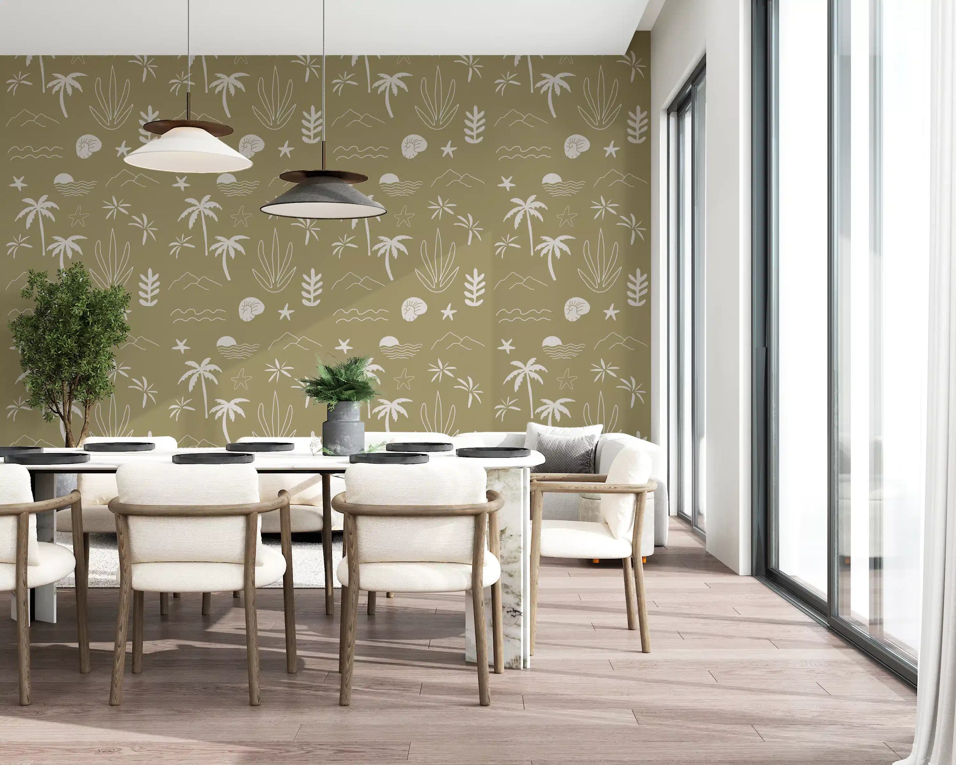 Sketchy starfish, sun, and waves rest on warm olive in this boho coastal wallpaper., GD9907