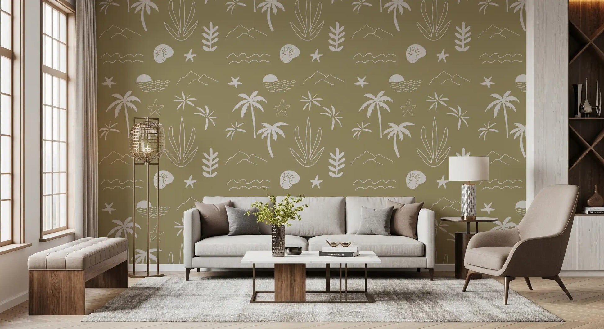 Cream-line palms and ferns drift across the olive green tropical icon wallpaper., GD9907