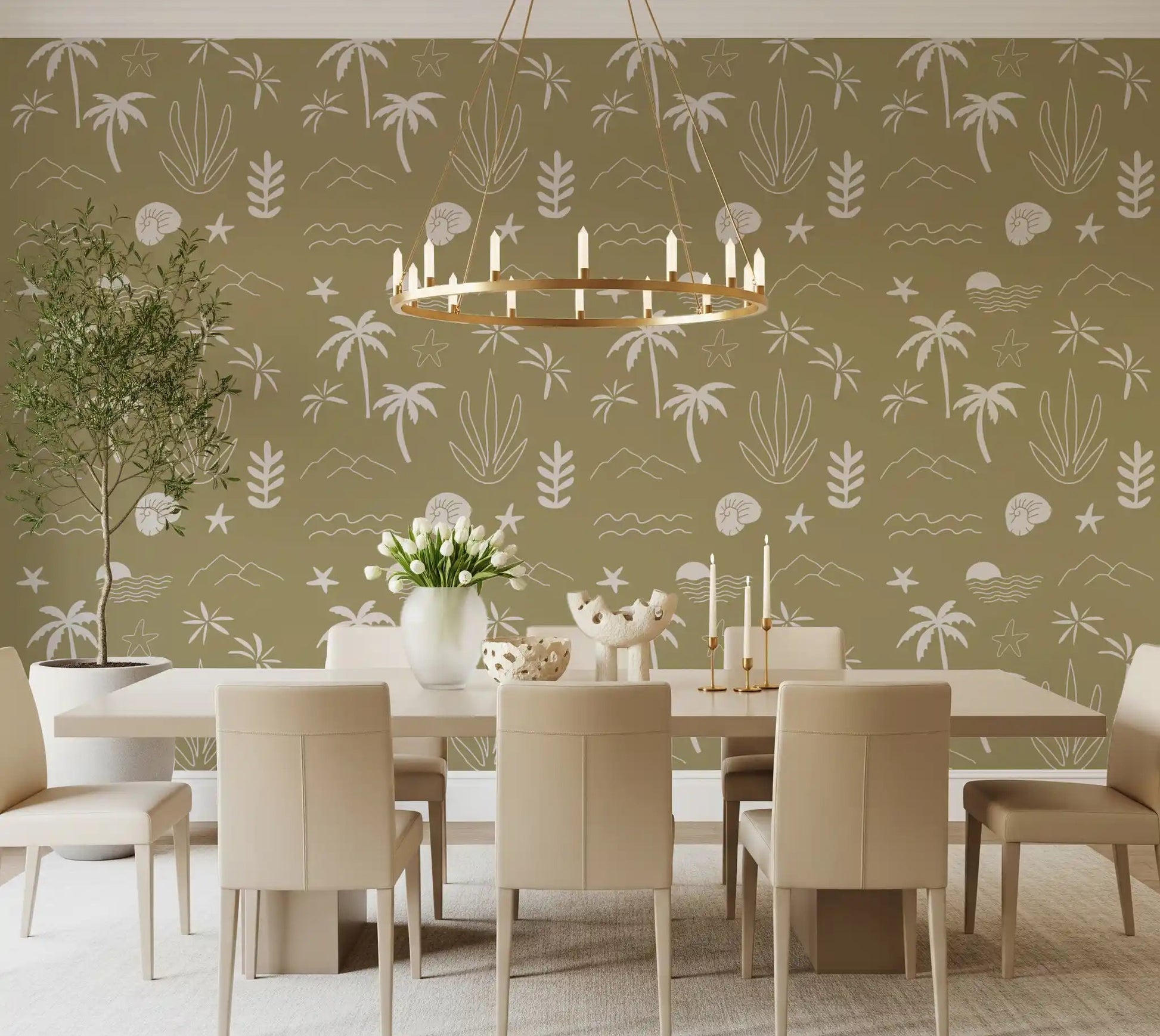 Dining area feels grounded and easy with olive green tropical icon wallpaper., GD9907